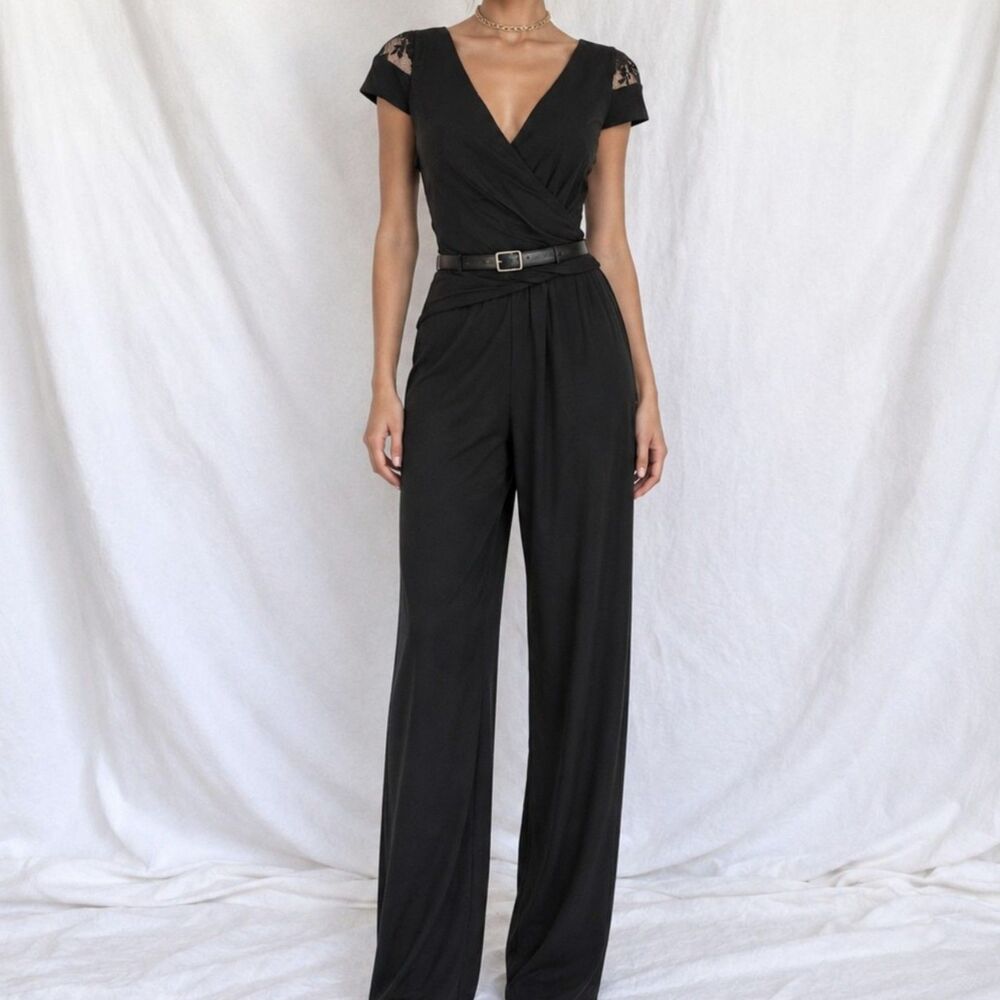 Vintage Y2K 90s Black Capped Lace Sleeve V-Neck Pleated Knit Jumpsuit Size M